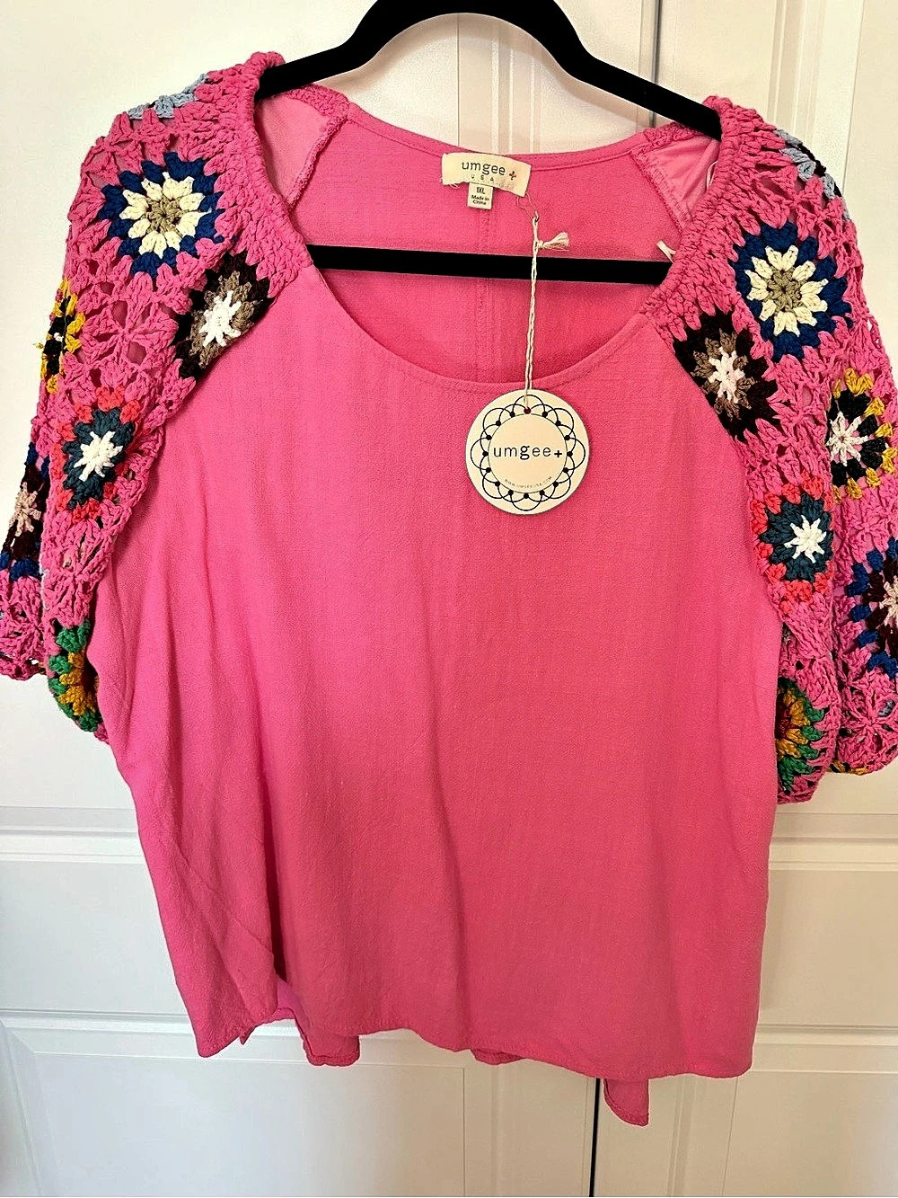 Umgee Crochet Detail Fringe Top Tunic Pink & Multicolor XL